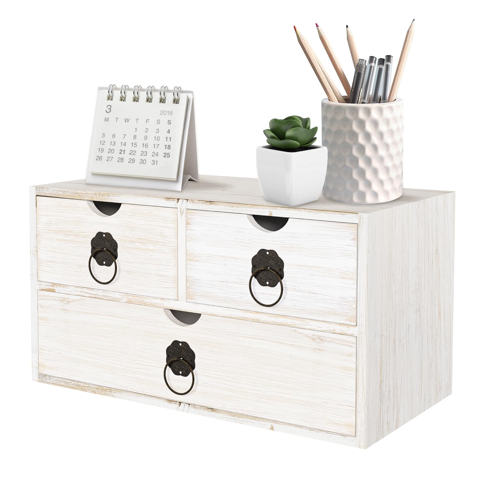 Photo 1 of SeekElegant Wood Desk Organizer with Drawer, White Wooden Desktop Organizer, Tabletop Storage Organization Box for Countertop, Home Office Supplies (3 Drawer)