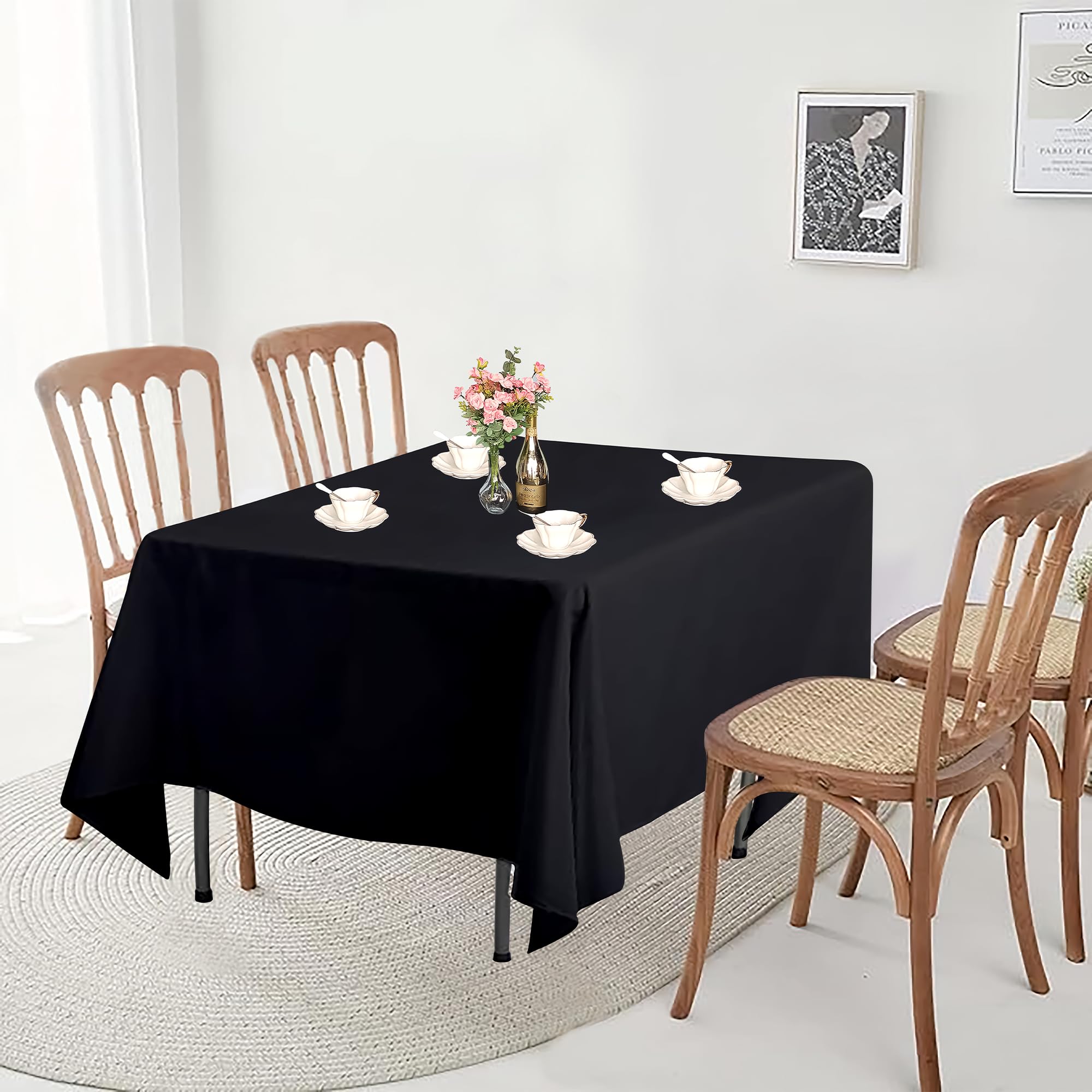 Trimming Shop Square Table Cloth, 54" x 54" Premium Linen Tablecloth Washable Spill Proof Polyester Dining Table Cover for Restaurant Cafe Wedding Birthday Party Table Decoration, Black, 1pc