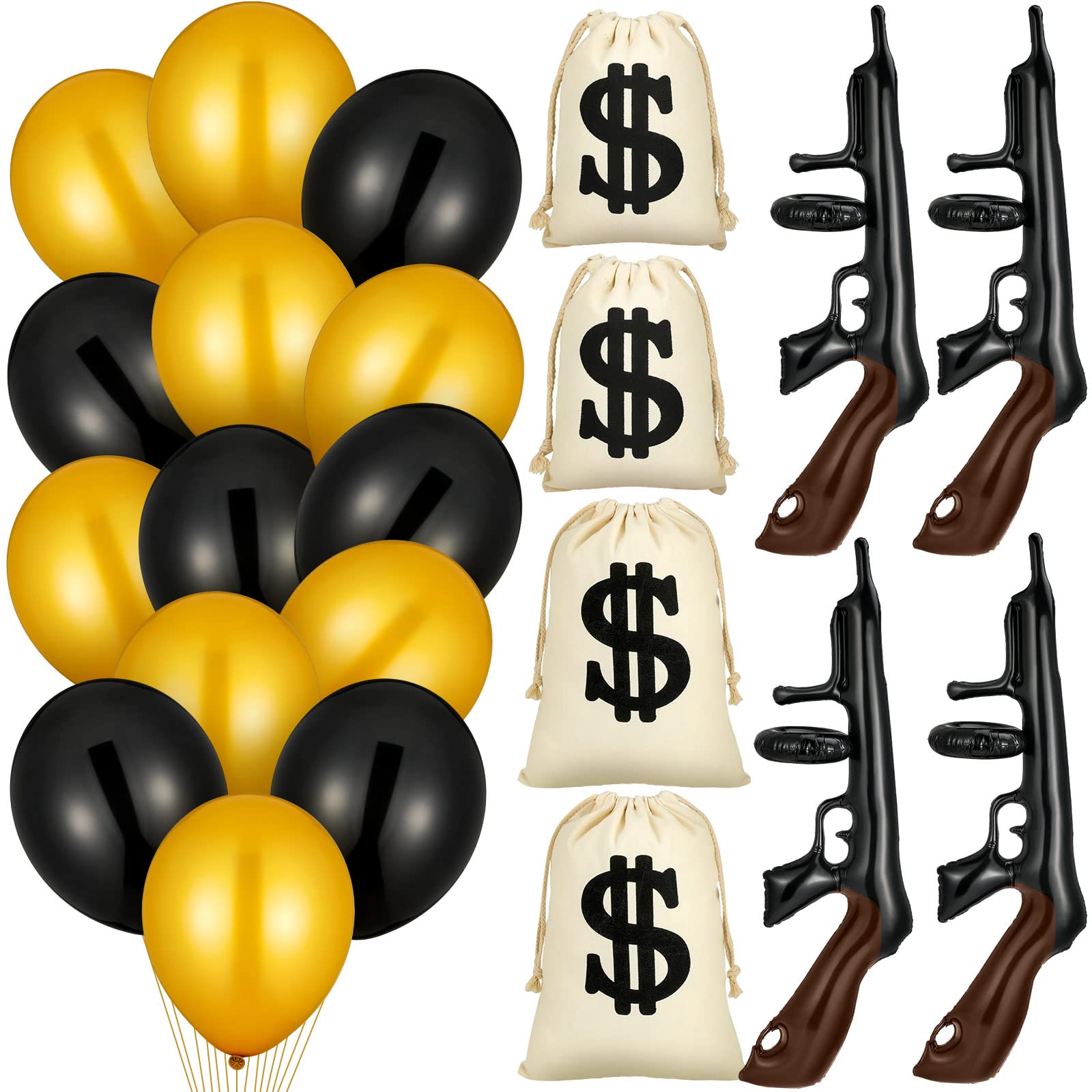 Photo 1 of Shappy 32 Pcs Inflatable Gun Props Canvas Money Bag Pouch Set Black and Gold Balloons 1920s Party Decorations with Drawstring Closure Guns Favors 20s Cosplay Theme Birthday Accessories