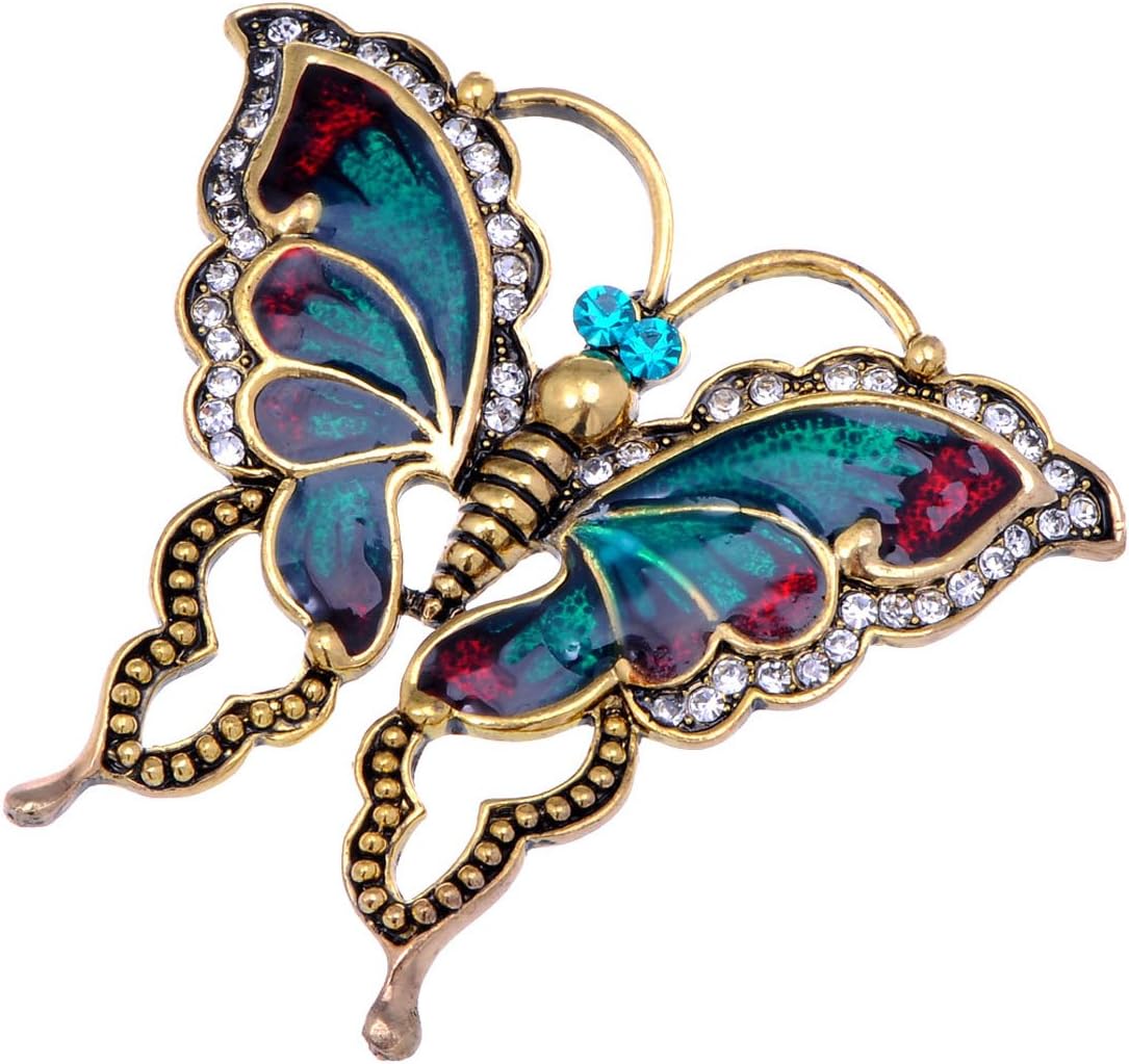AlilangWomens Antique Golden Tone Turquoise Red Vintage Butterfly Brooch Pin