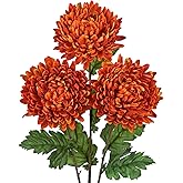 Hollyone 3Pcs Orange Artificial Mums for Outdoors Fall Flowers Fake Fall Mums Chrysanthemum Flowers Silk Long Stem Floral Arrangements Bouquets Faux Spider Mum Flower Autumn Decorations for Home