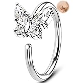 Melighting 20G Butterfly Nose Rings Hoops 316L Stainless Steel, Silver Seamless Open Nose Ring CZ Clear Silver Helix Cartilage Earring Labret Septum Piercing Jewelry for Women 8 mm