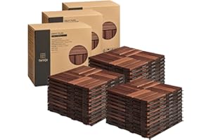THYOI Deck Tiles, Patio Flooring - Outdoor Waterproof Acacia Wood Tiles for All Weather Use - Balcony, Backyard, Indoor & Outdoor (Dark Brown Crossed Pattern, 30 Pcs - 30 Square Ft)