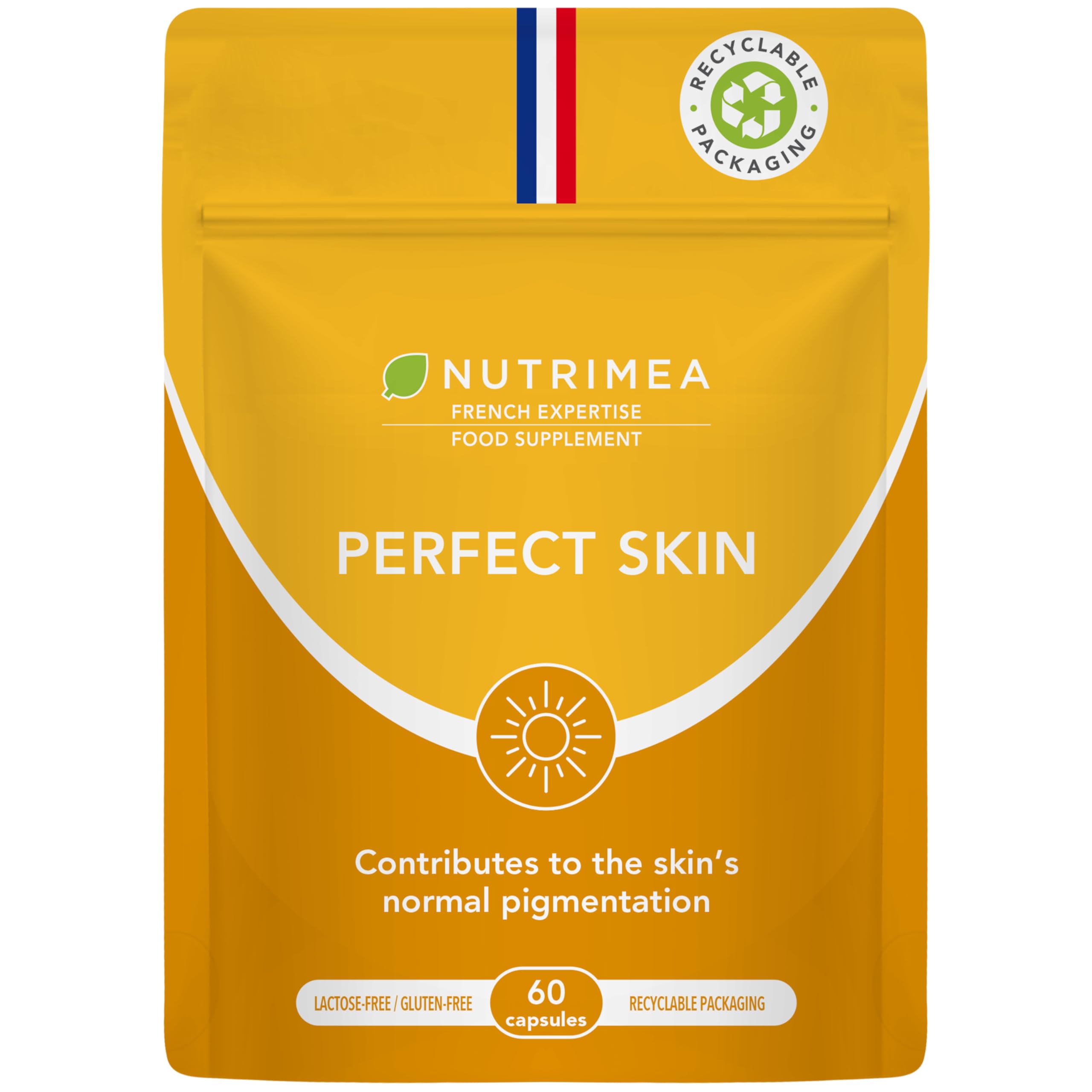 PERFECT SKIN - Tanning Accelerator Tablets - Natural Sun Protector - Bronzed Glow - 60 vegan capsules - Beta Carotene and Burdock - French Expertise - Nutrimea