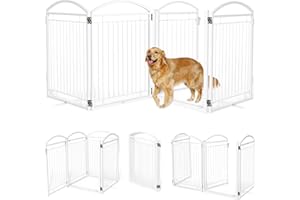 PAULMELE Full Metal Freestanding Dog Gates with Door,Foldable Pet Fences Outdoor&Indoor for Puppy Dogs,Extra Wide Free Standing Metal Wire Dog Gate for House,Doorways,Stairs,Porch,Decks,Yard(4 Panels White)