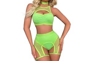ABAFIP Women Rave Outfits Cutout Fishnet Top Booty Shorts Bottom Choker 3Pcs Babydoll Nightwear Festival Lingerie