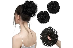 SARLA 2PCS Messy Hair Bun Hair Pieces Wavy Curly Synthetic Updo Fake Scrunchies Ponytail Extension for Women Jet Black