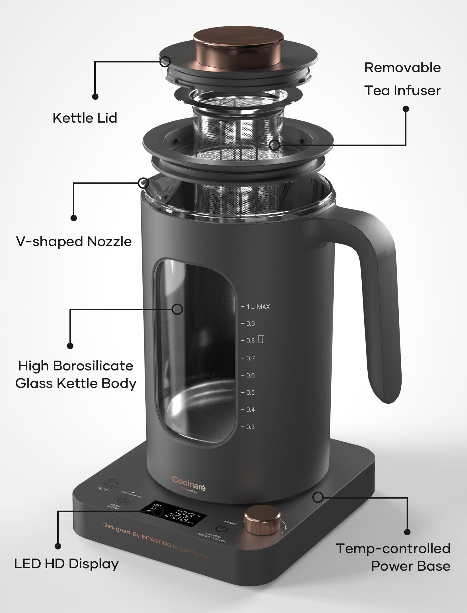 Tetera Eléctrica, INTASTING Hervidor Eléctrico de Vidrio con Infusor de Té y Control Preciso de Temperatura con Perilla, Calentamiento Rápido de 1200W, Sin BPA, Fácil de Limpiar, para Té y Café, 1 Litro (Gris Oscuro)
