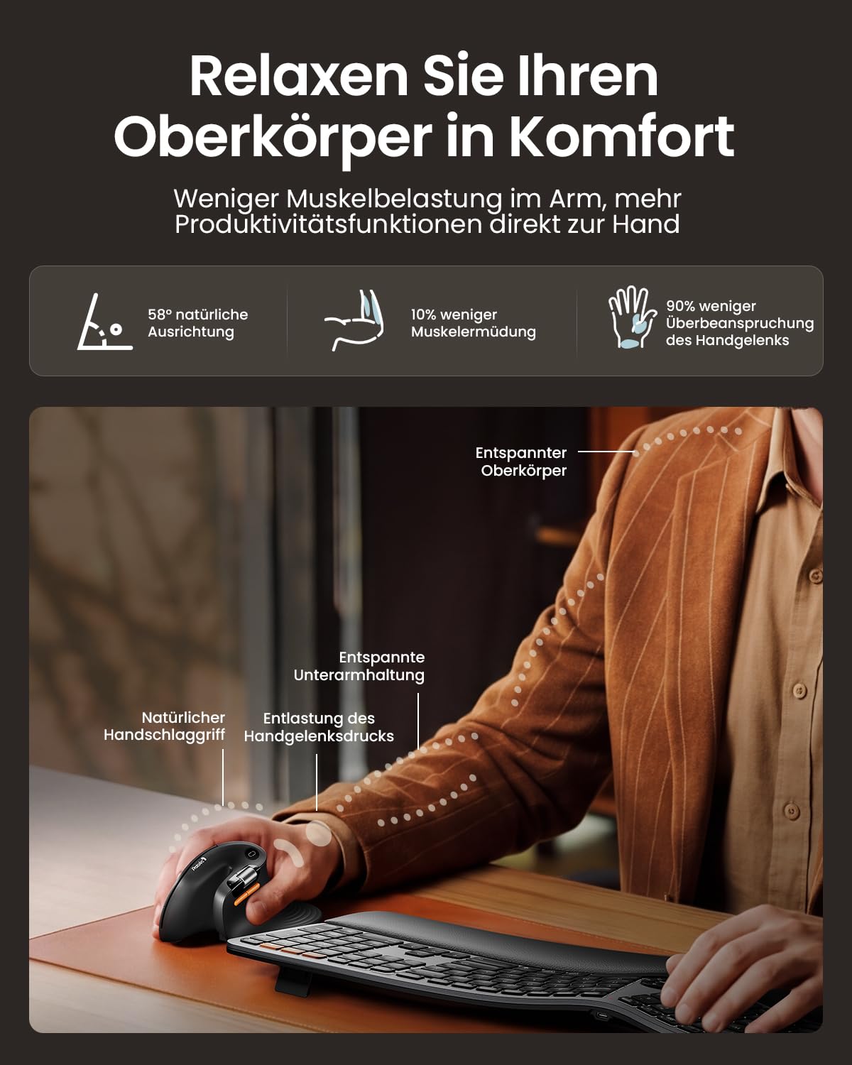 ProtoArc EM11 Pro Ergonomische Vertikale Maus mit Seitenscroll, Anpassbare Tasten, 2*Bluetooth + 2,4G Kabellos, Wiederaufladbar, Vertikal Funkmaus für Büro PC/Mac/Windows/Linux 3