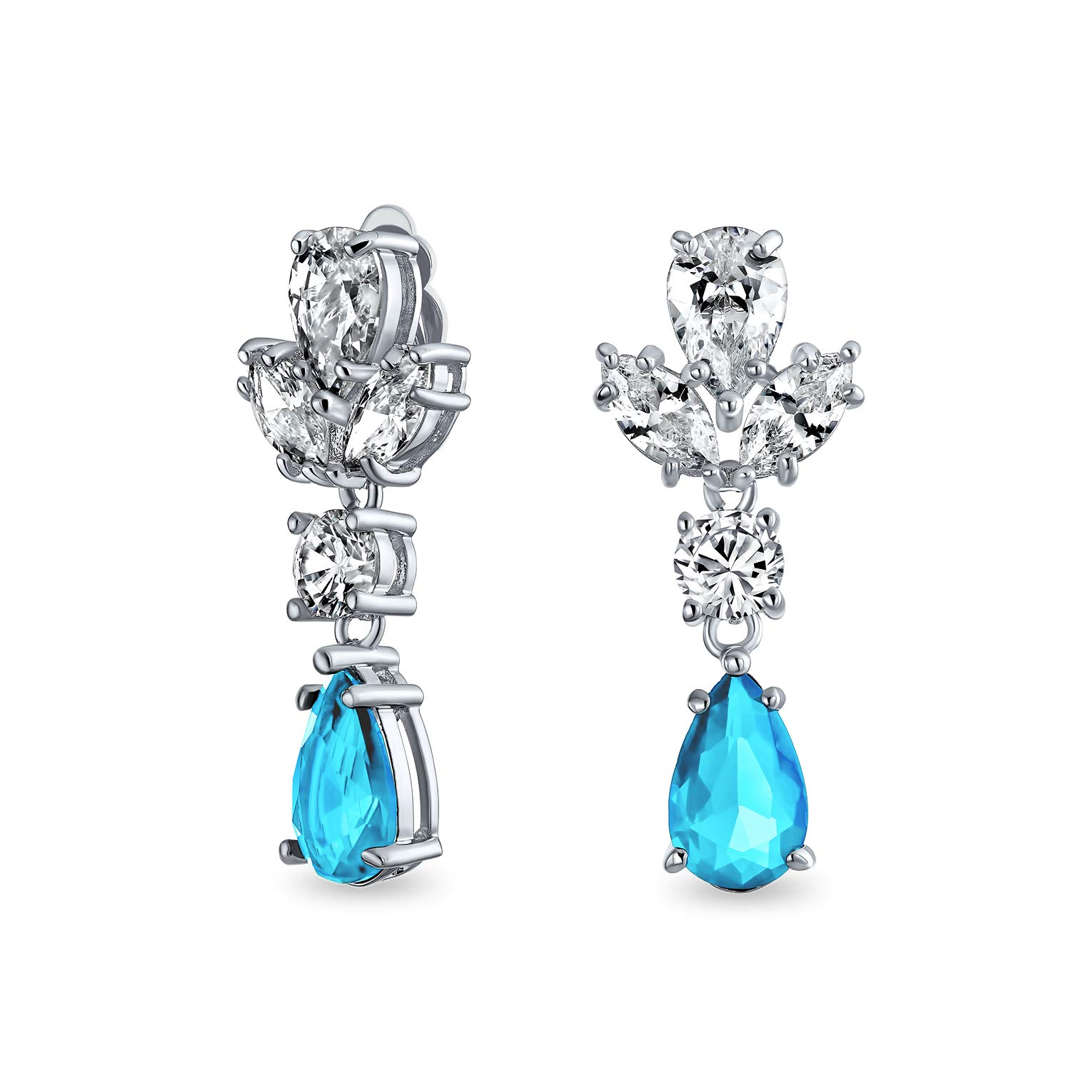 Vintage Art Deco Style Blue Simulated Aquamarine Cubic Zirconia AAA CZ Statement Dangle Formal Leaf Teardrop Chandelier Clip On Earrings Wedding Prom Silver Plated โ image 1