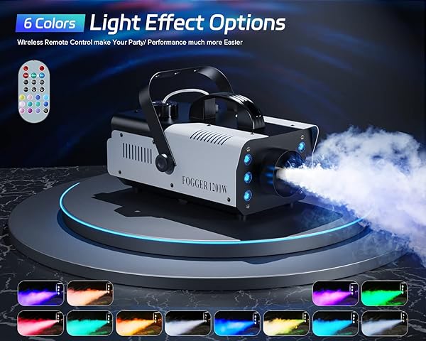 1200W RGB FOG MACHINE, 6 COLORFUL LED LIGHTS FOR SMOKE MACHINE INDOOR/OUTDOOR USE, PERFECT FOR PARTIES, WEDDINGS, AND STAGE EFFECTS