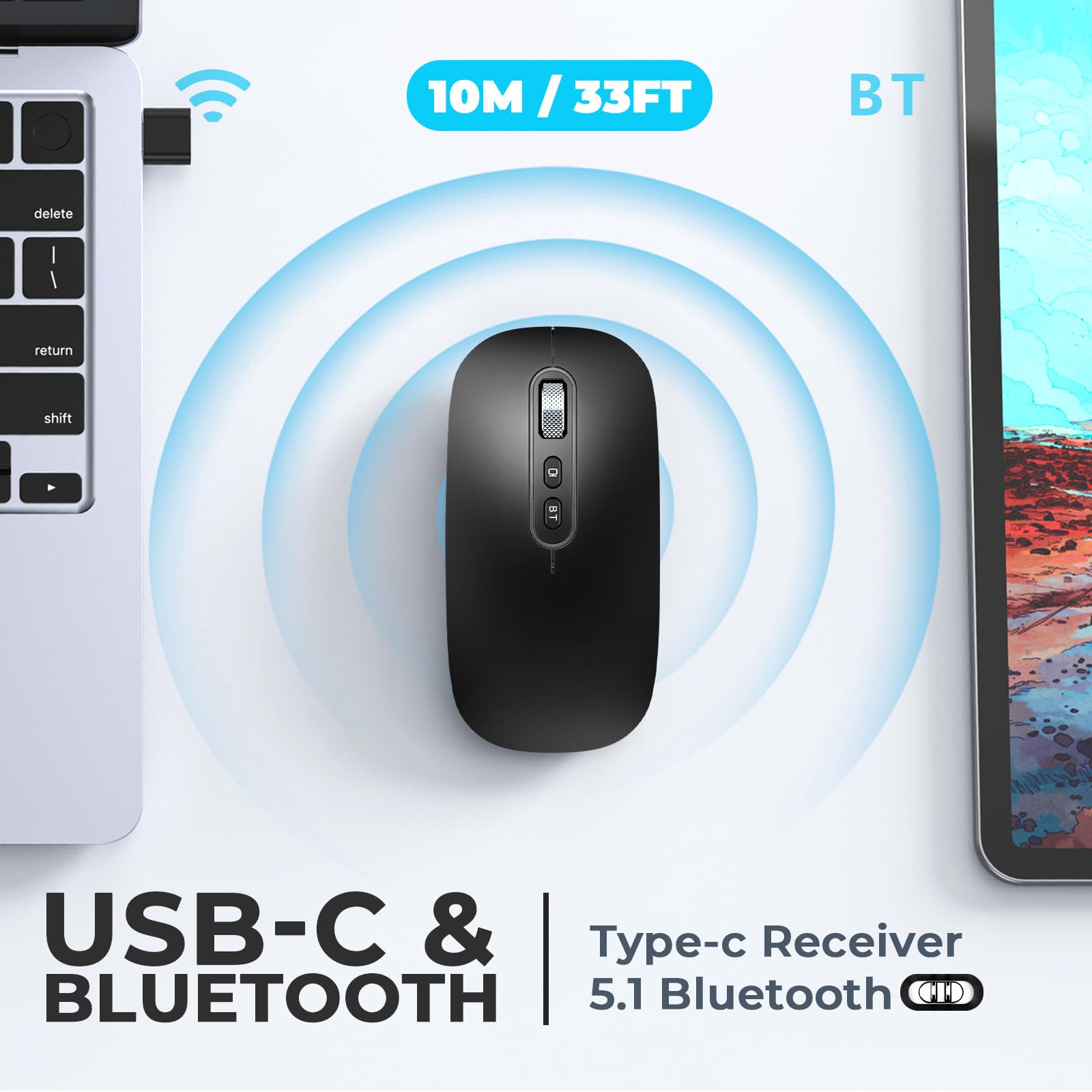 PINKCAT Maus Kabellose USB C, Wiederaufladbare Dual-Modus Mouse(Bluetooth5.1+USB C), Leise Bluetooth Maus,Wireless Mouse, Ergonomische Leise Funkmaus Für MacBook Air/Pro iPad Mac Laptop PC Computer 2