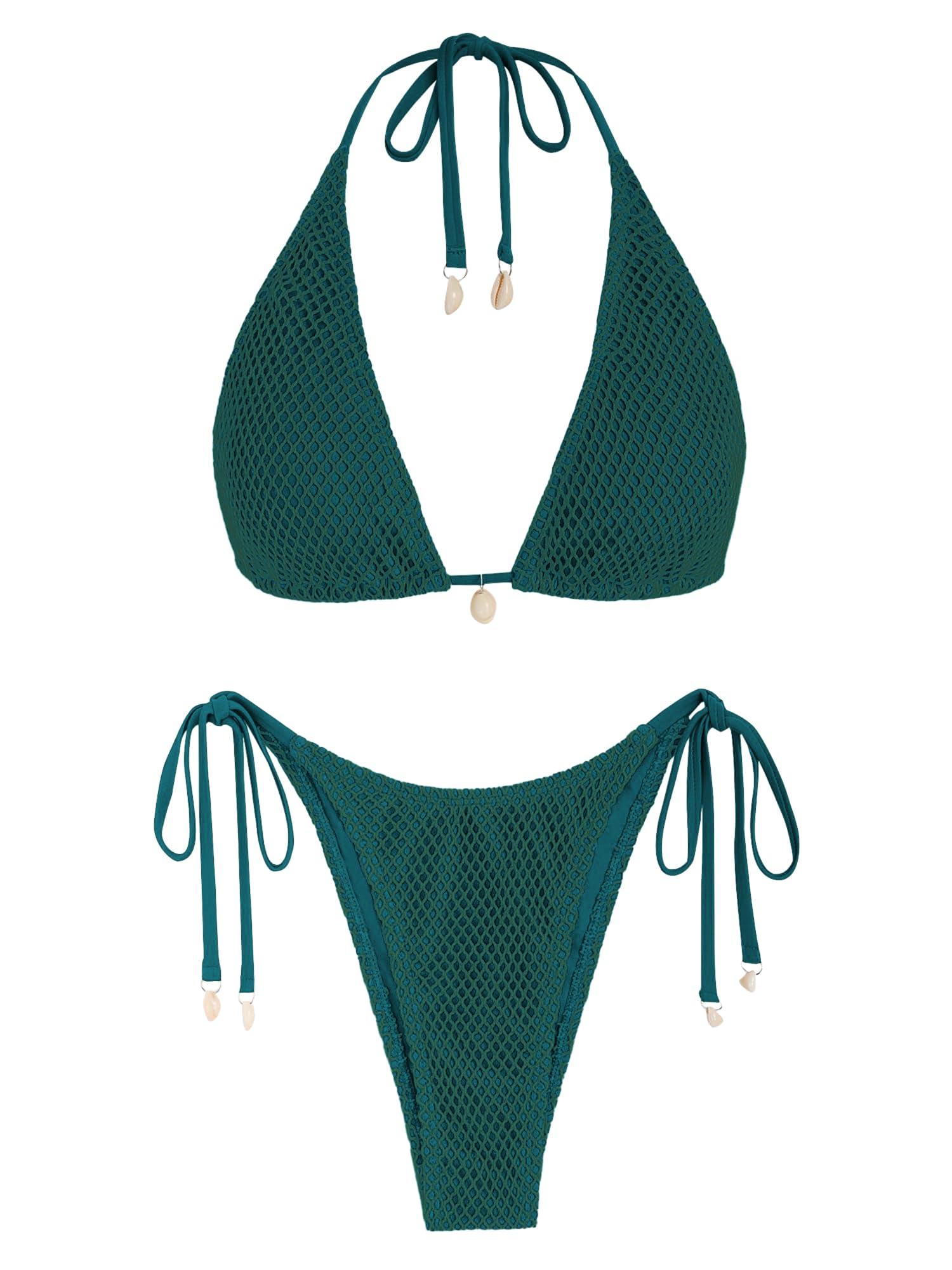 Photo 1 of ZAFUL Women's Triangle Bikini Multiway Fishnet Tie Side Bandeau Halter String Bikini Set Two Piece Swimsuit Bathing Suits (1-Forest Green, M)