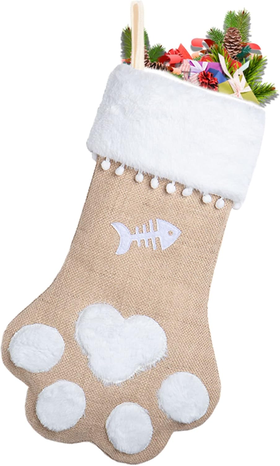 Stockings & Holders - HiPeep Cat Christmas Stockings Burlap17 Cute Paw with Short Plush Pet Gift Present Decorations for Mantle Xmas Tree Fireplace Holiday Festival Family Party Ornaments (1 pcs)