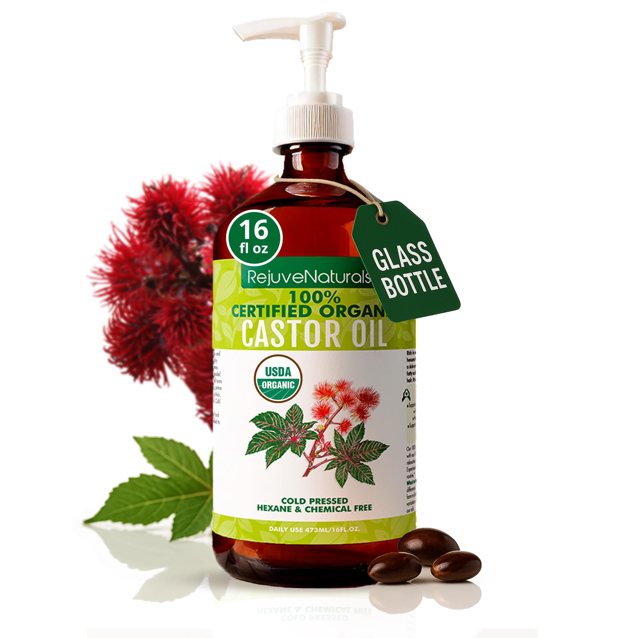 Castor Oil (16oz Glass Bottle) USDA Certified Organic 100% Pure Cold Pressed Hexane Free by RejuveNaturals. Boost Hair Growth for Eyelashes Eyebrows & Hair. Natural Dry Skin Moisturizer