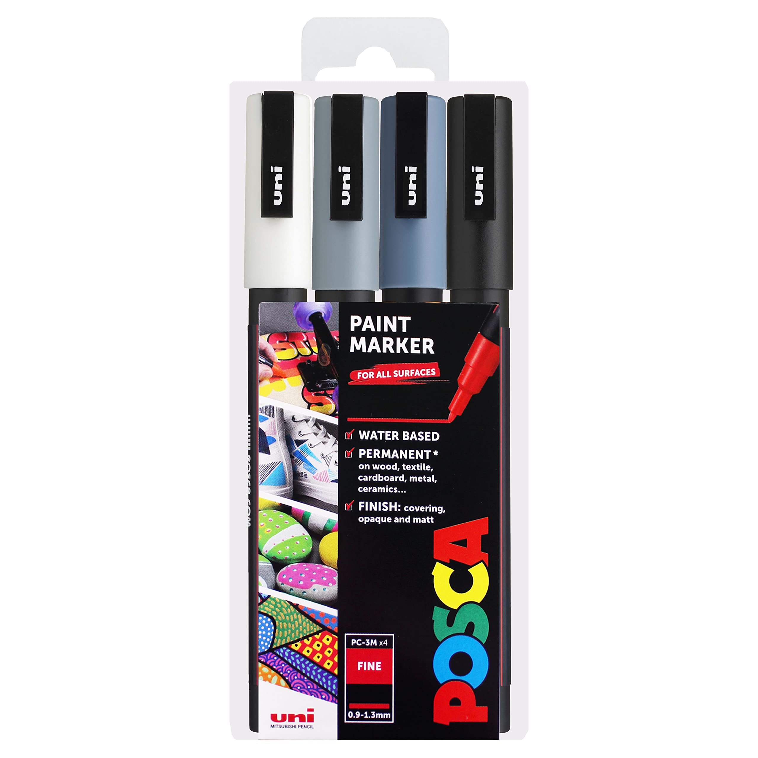 Posca PC-3M Paint Marker Art Pens - 0.9-1.3mm – Grey Tones Set of 4 Pens in Wallet