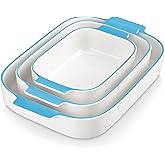 MALACASA Ceramic Baking Dishes Set of 3, Blue Trim Casserole for Oven, 9x13 | Lasagna Pans Bakeware with Handles, Microwave, Dishwasher Safe, Stackable Design Wedding Gift Set(13.8''/11.7''/9.4'')