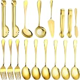 17 Pcs Gold Serving Utensils Set Include Stainless Steel Large Serving Spoons Slotted Spoons Forks Soup Ladle Pie Server - Metal Utensils for Parties Buffet Catering, Dishwasher Safe