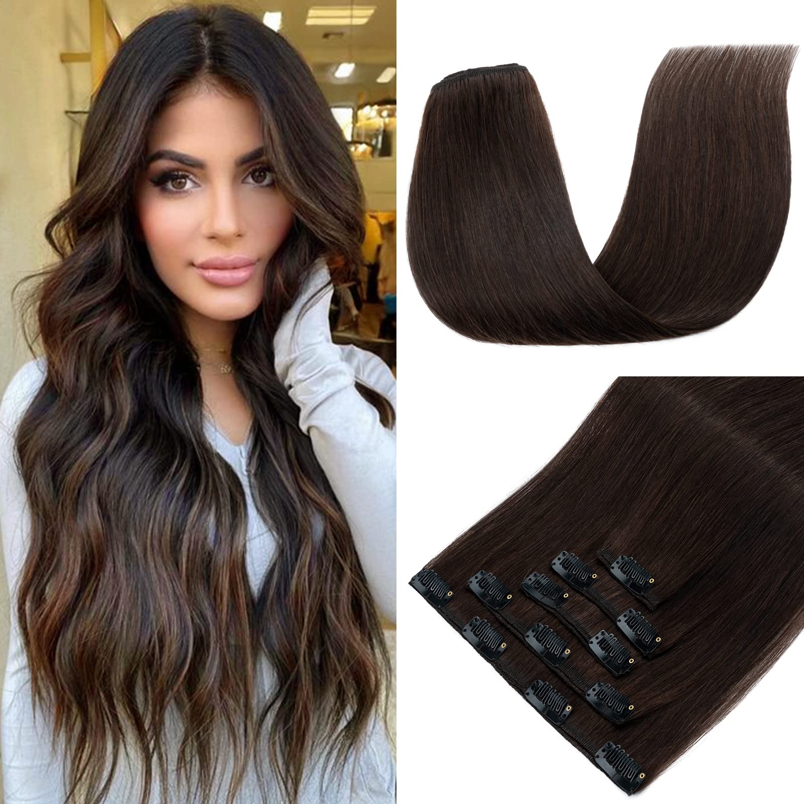 S-noilite Clip in Hair Extensions Real Human Hair Dark Brown, 5Pcs 12 Clips Remy Natural Hair Extension Seamless Clip in Hair Extensions for Women 16 Inch(60g)