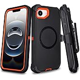 for iPhone 16e Case with Belt Clip Holster, Compatible with MagSafe, 3-Layer Shockproof Anti-Drop Full Body Protective Case, Heavy Duty Rugged Defender Cover for iPhone 16e, Black+Orange