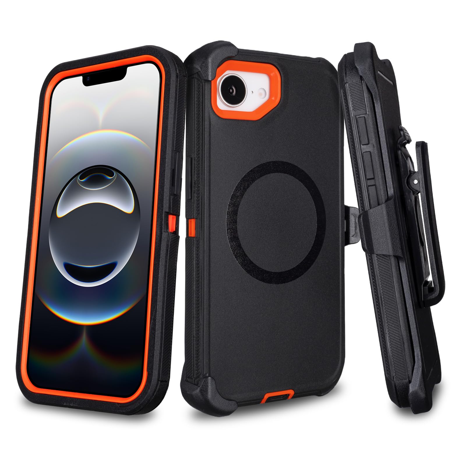 for iPhone 16e Case with Belt Clip Holster, Compatible with MagSafe, 3-Layer Shockproof Anti-Drop Full Body Protective Case, Heavy Duty Rugged Defender Cover for iPhone 16e, Black+Orange