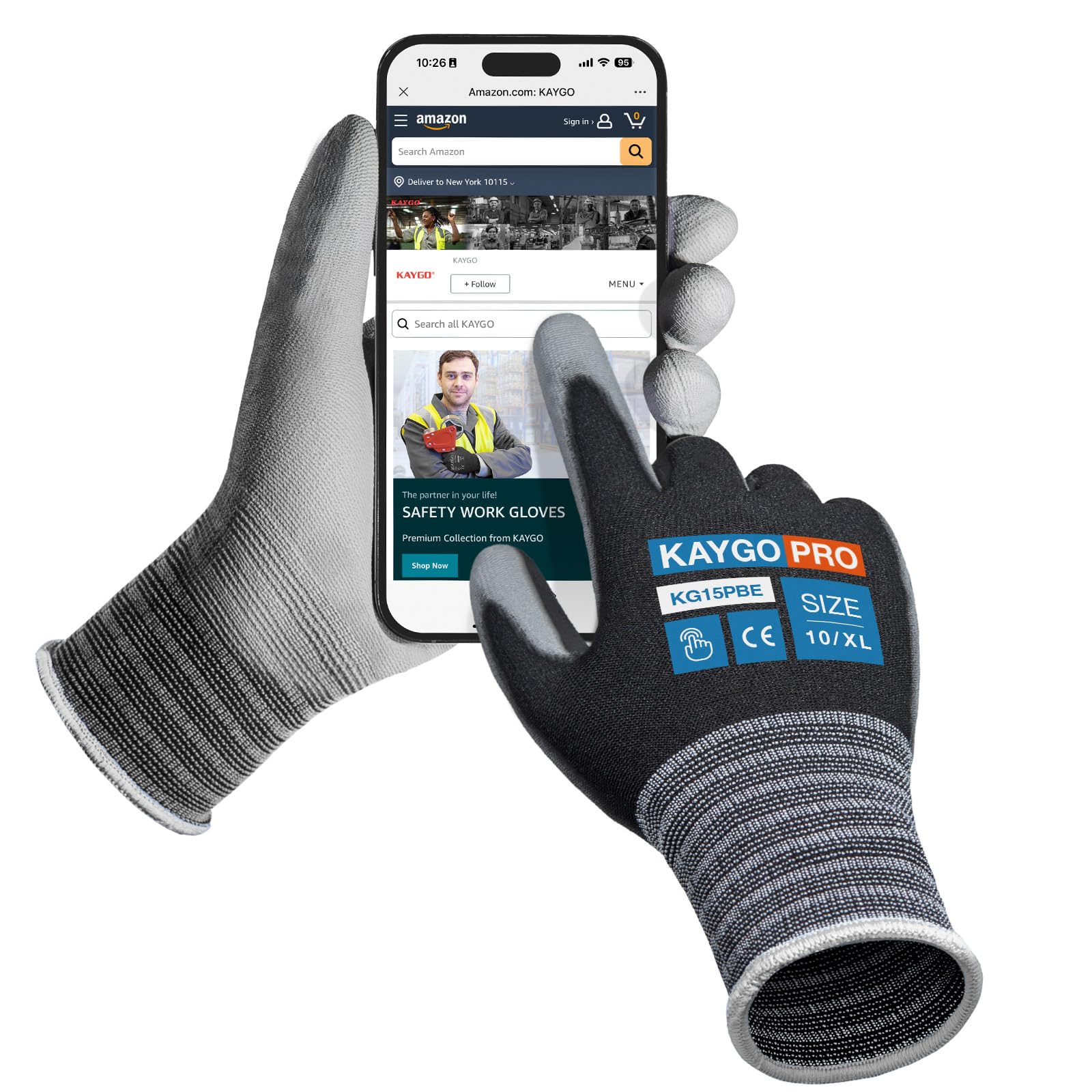 KAYGO Thin Work Gloves PU Coated 12 Pairs Touchscreen, KG15P, Nylon Liner with Flexible PU Coating Lightweight Safety Work Gloves for Precision Handling Work, DIY, Assembly, Warehouse (Black, XL)