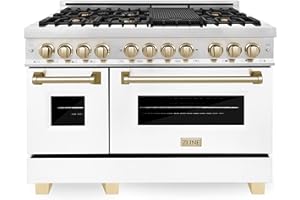 ZLINE Autograph Edition 48 in. 6.0 cu. ft. Legacy Dual Fuel Range with 7 Burner Gas Cooktop and 2 Electric Ovens in Stainless Steel with White Matte Doors and Polished Gold Accents (RAZ-WM-48-G)