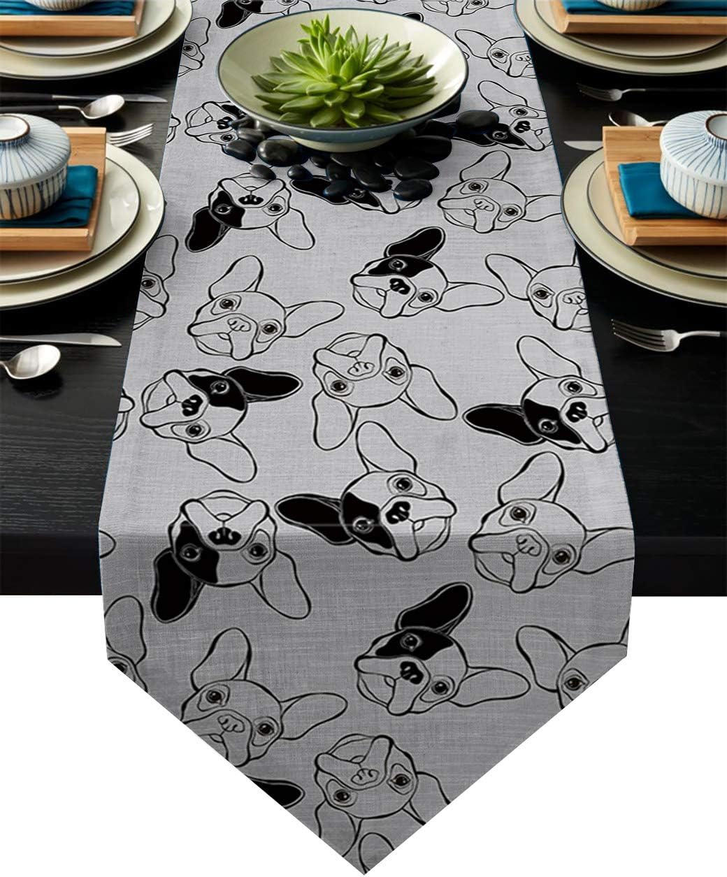 Table Runner Funny Animal Cute Pet Bulldog Image Table Runners for Catering Events, Dinner Parties, Wedding, Indoor and Outdoor Parties, 18 x 72 Inch