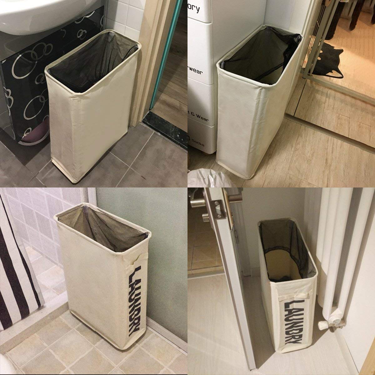 WOWLIVE Slim Laundry Basket Hamper on Wheels Collapsible Rolling Foldable Laundry Bin 44L（Beige）