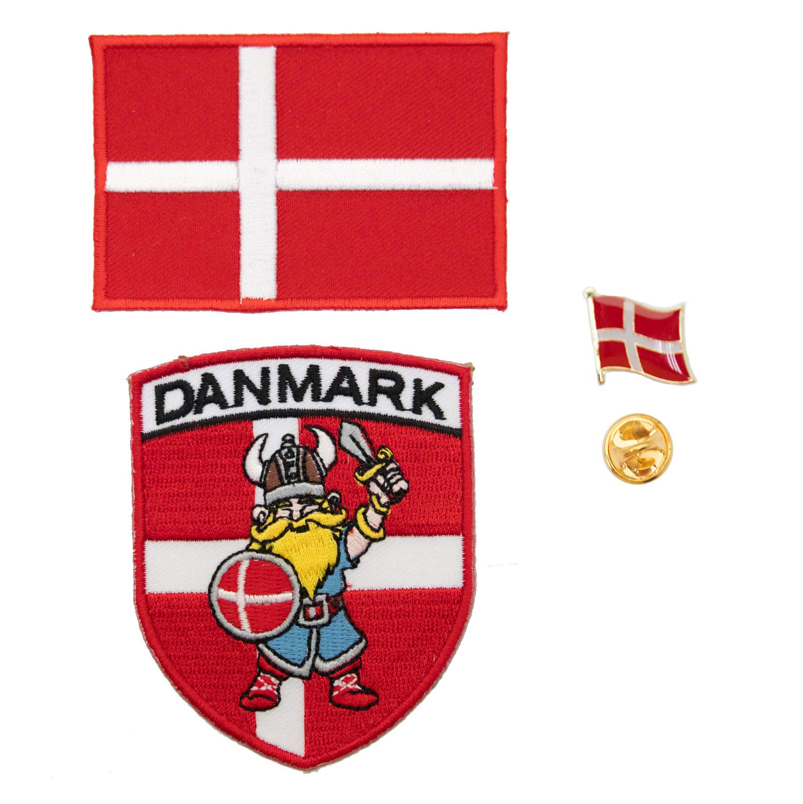 A-ONE 3 PCS Pack- Vikings on Denmark Flag Shield Patch + Denmark Flag Patch +Denmark Flag Badge, Vikinger på Danmark Flag Fabric Cloth Patches
