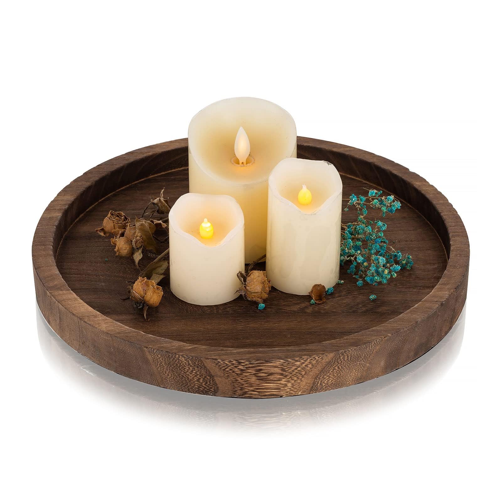 Wooden Decorative Tray Candle Holder: Romadedi Round Wood Tray Home Decor, Small Rustic Trays for Coffee Table, Ottoman, Table Centrepiece for Dining Room, Living Room, Farmhouse Kitchen