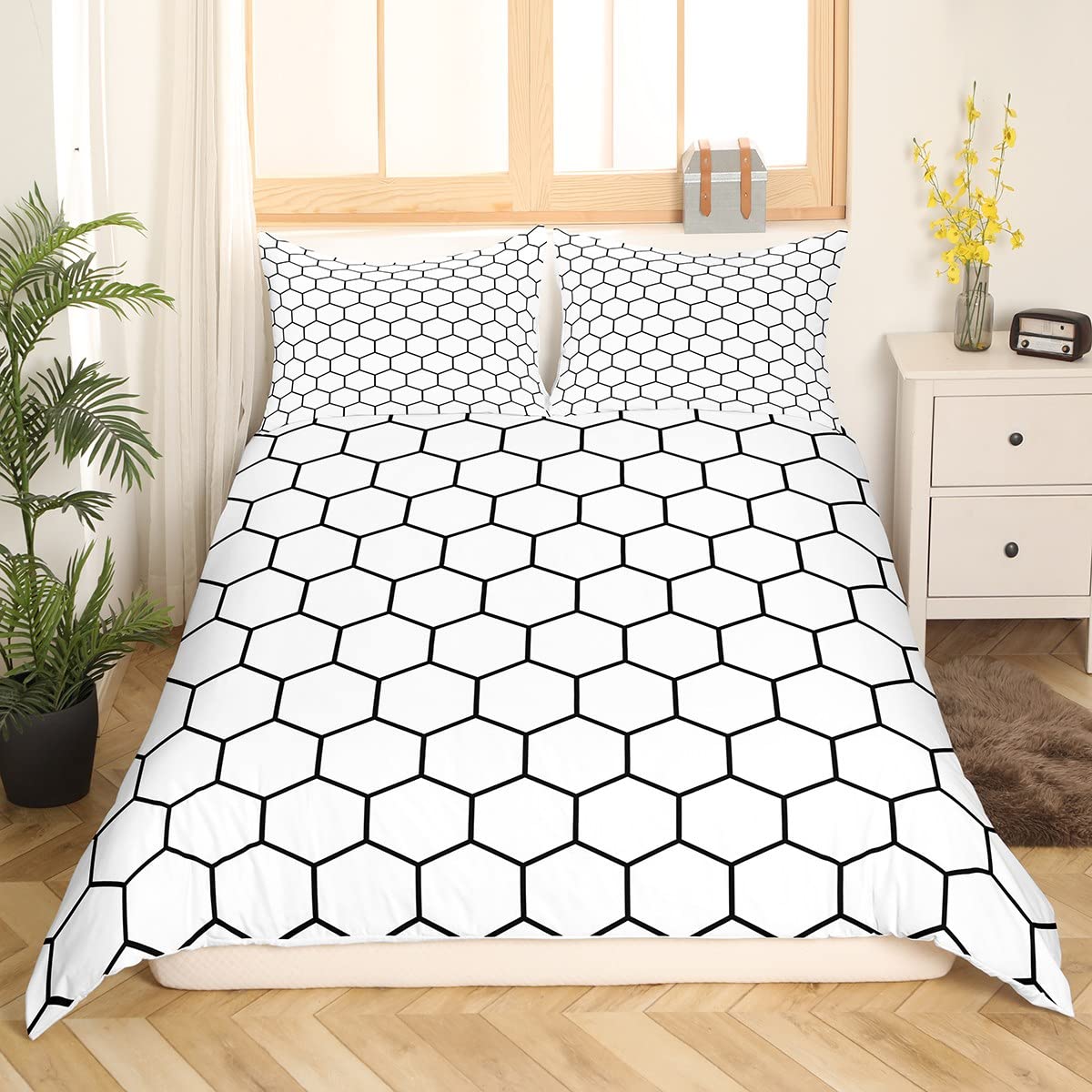 Beehive Duvet Cover Honeycomb Bedding Set for Kids Boys Girls Geometric Hexagonal Comforter Cover Black Stripes Bedspread Cover Duvet Cover Double Size