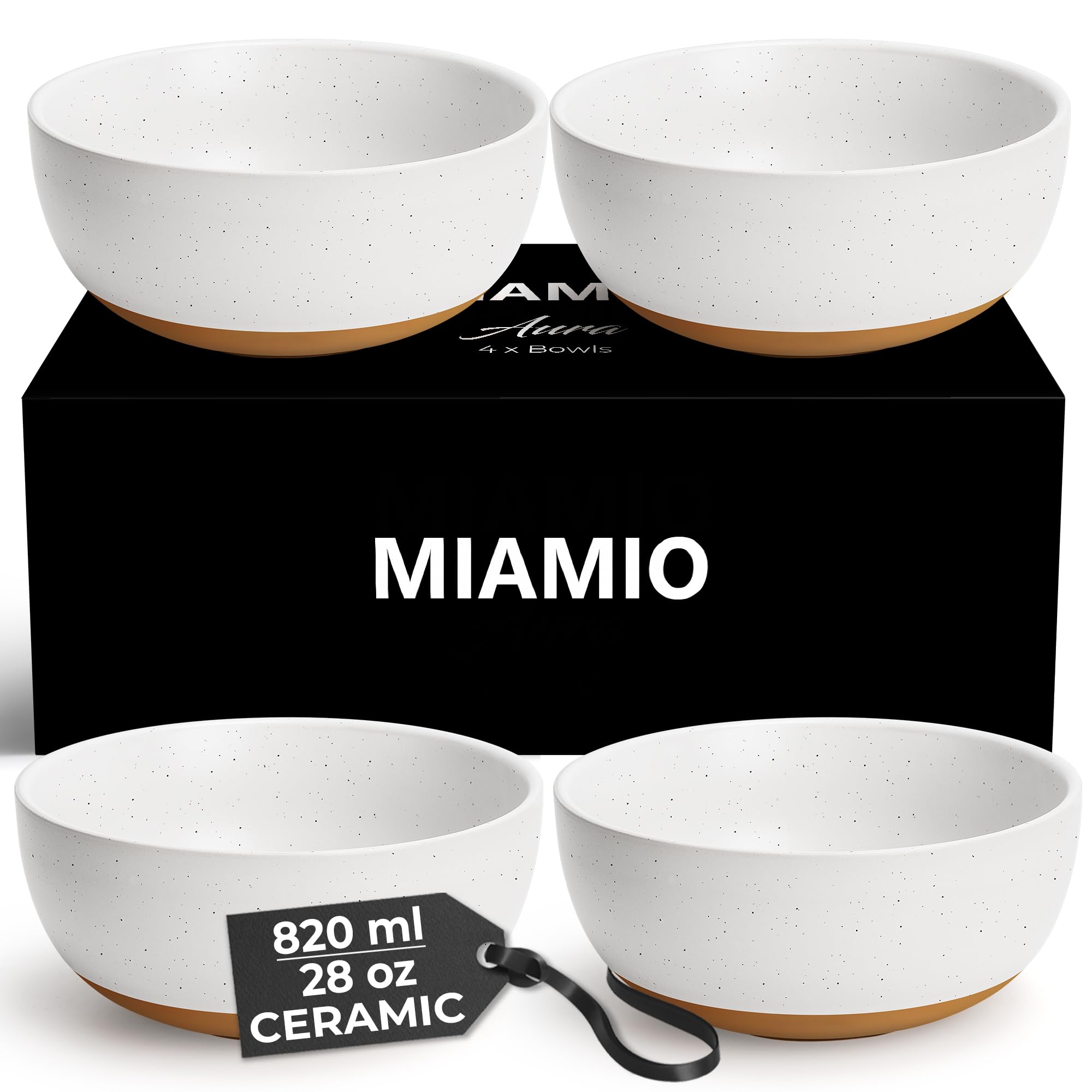 MIAMIO – Set of 4, 820 ml Ceramic Soup Bowls/Cereal Bowl Set for Salad, Oatmeal, Fruit, Rice – Dishwasher & Microwave Safe – Aura Collection (Creamy Cocoa, Bowls (4X))