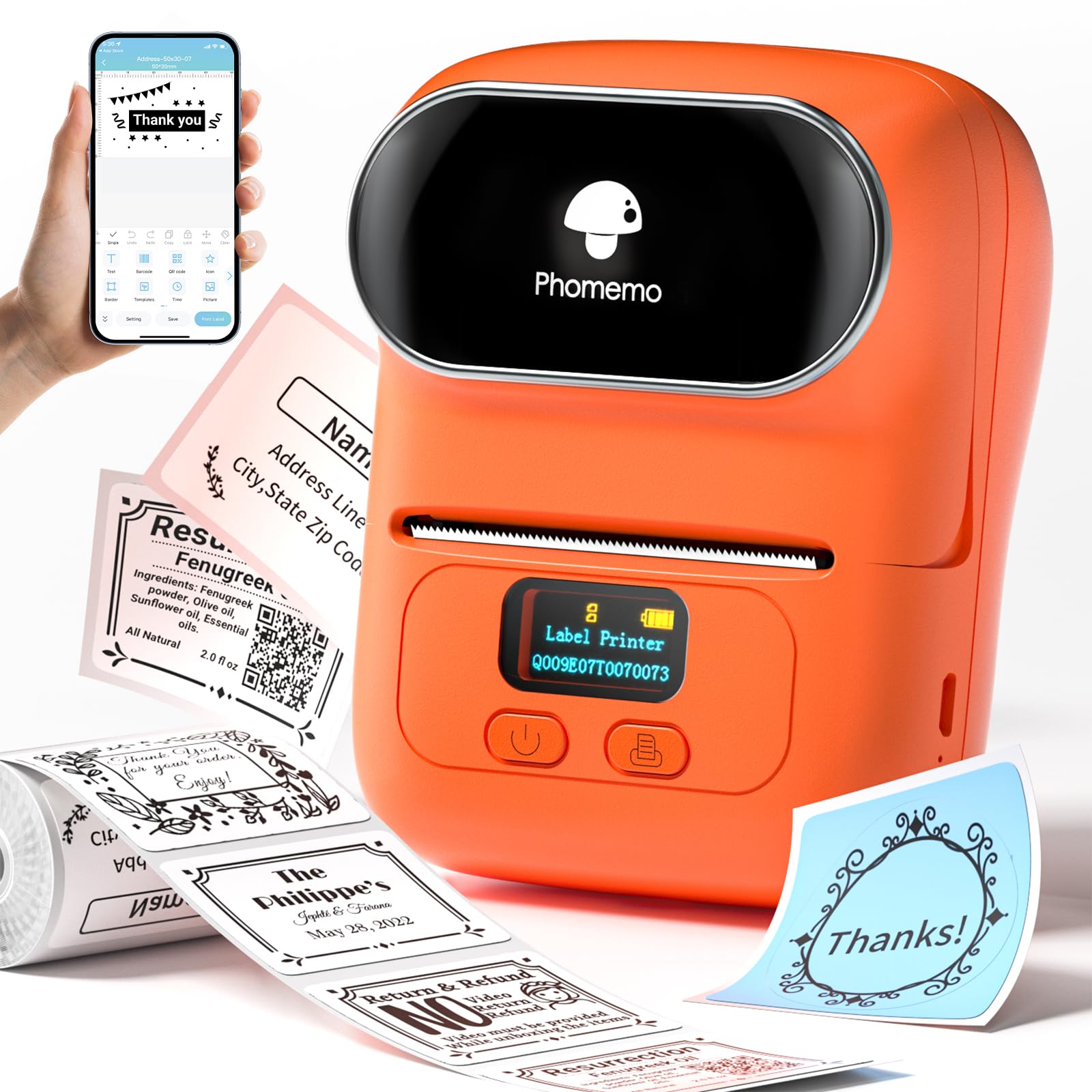 Phomemo M110 Label Maker Machine, Bluetooth Wireless Portable Sticker Label Maker for address, Barcode, Logo, Thermal label Printer Compatible with Android & iOS Phone, Orange