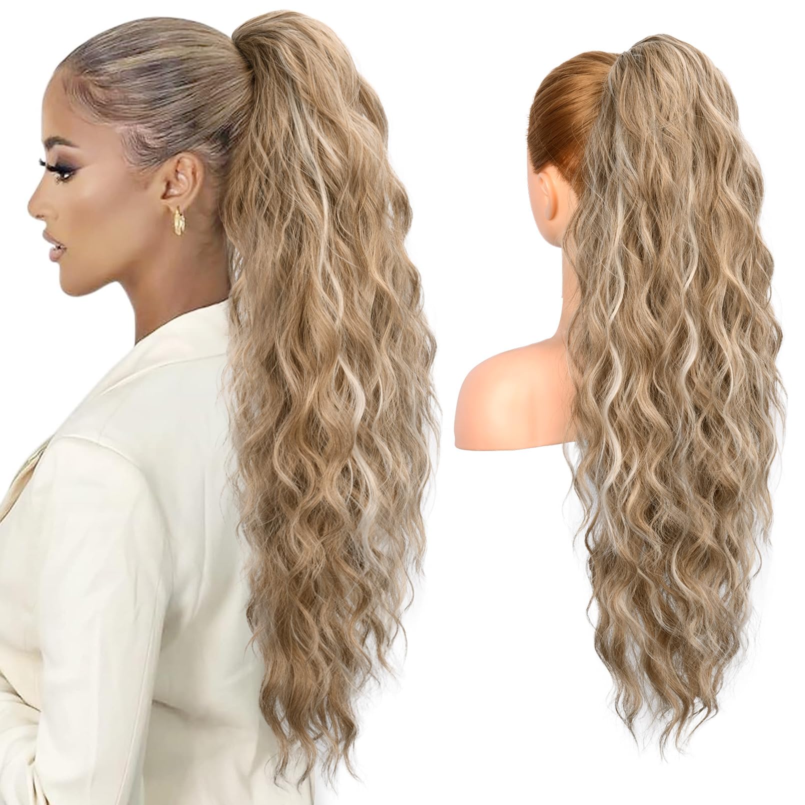 REECHO Ponytail Extension, 26" Long Beach Wave Drawstring Pony Hair Extension Synthetic Pony Tail Hairpiece for Women - Dark Blonde with Highlights — image 1