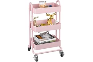 MIOCASA 3-Tier Metal Utility Rolling Cart, Heavy Duty Multifunction Cart with Lockable Casters, Easy to Assemble, Suitable for Office, Bathroom, Kitchen, Garden