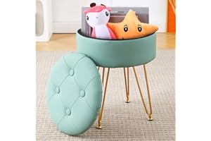 CPINTLTR Footrest Footstools Round Faux Leather Ottoman with Storage Space Soft Vanity Chair with Memory Foam Seat Small Side Table Hallway Step Stool Metal Legs with Adjustable Footings Grayish Green