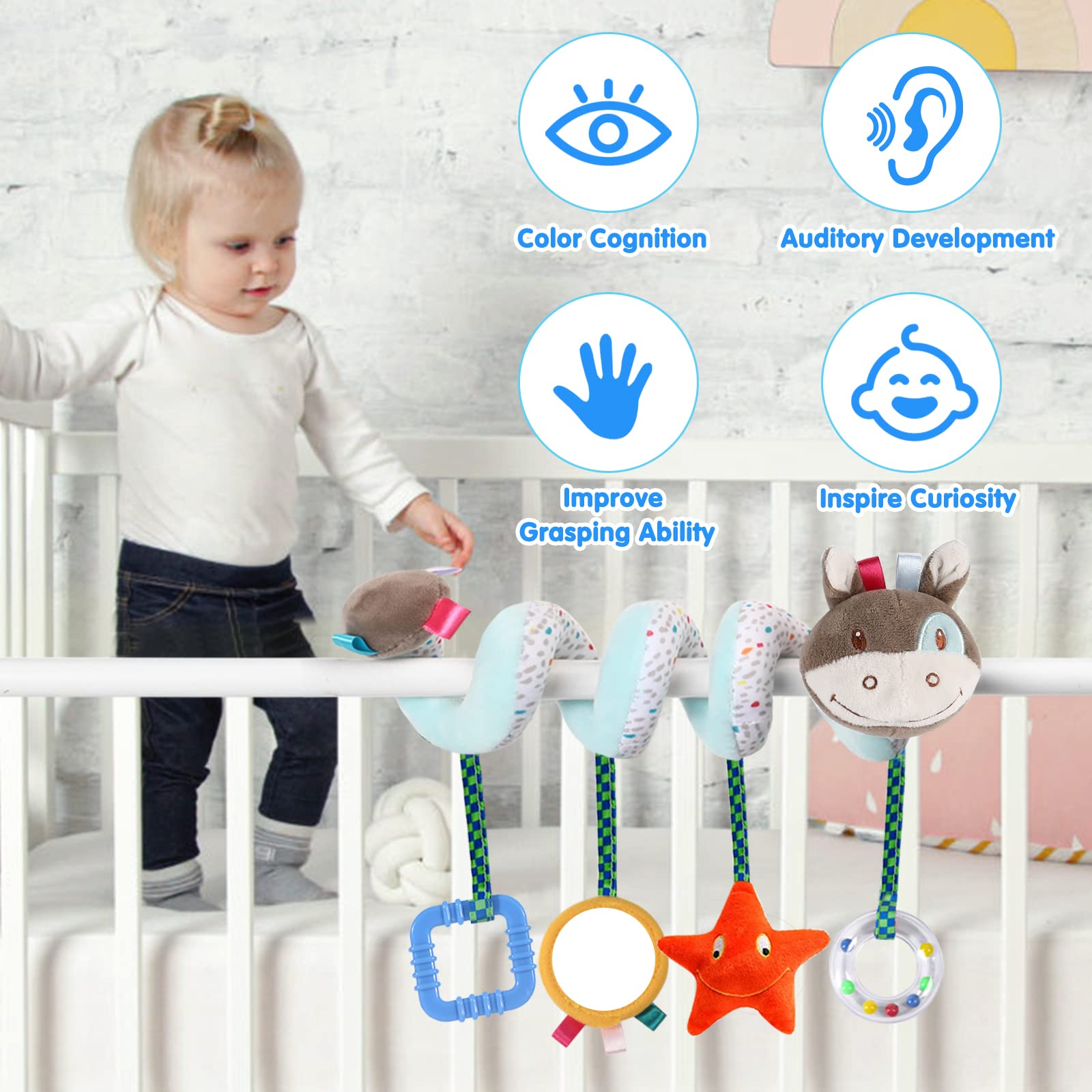 XIXILAND Car Seat Toys for Babies 0-6 Months, Stroller and Infant Toys 0-3 Months, Newborn Brain Development Crib Hanging Toys With Mirror, Rattles, and Teether