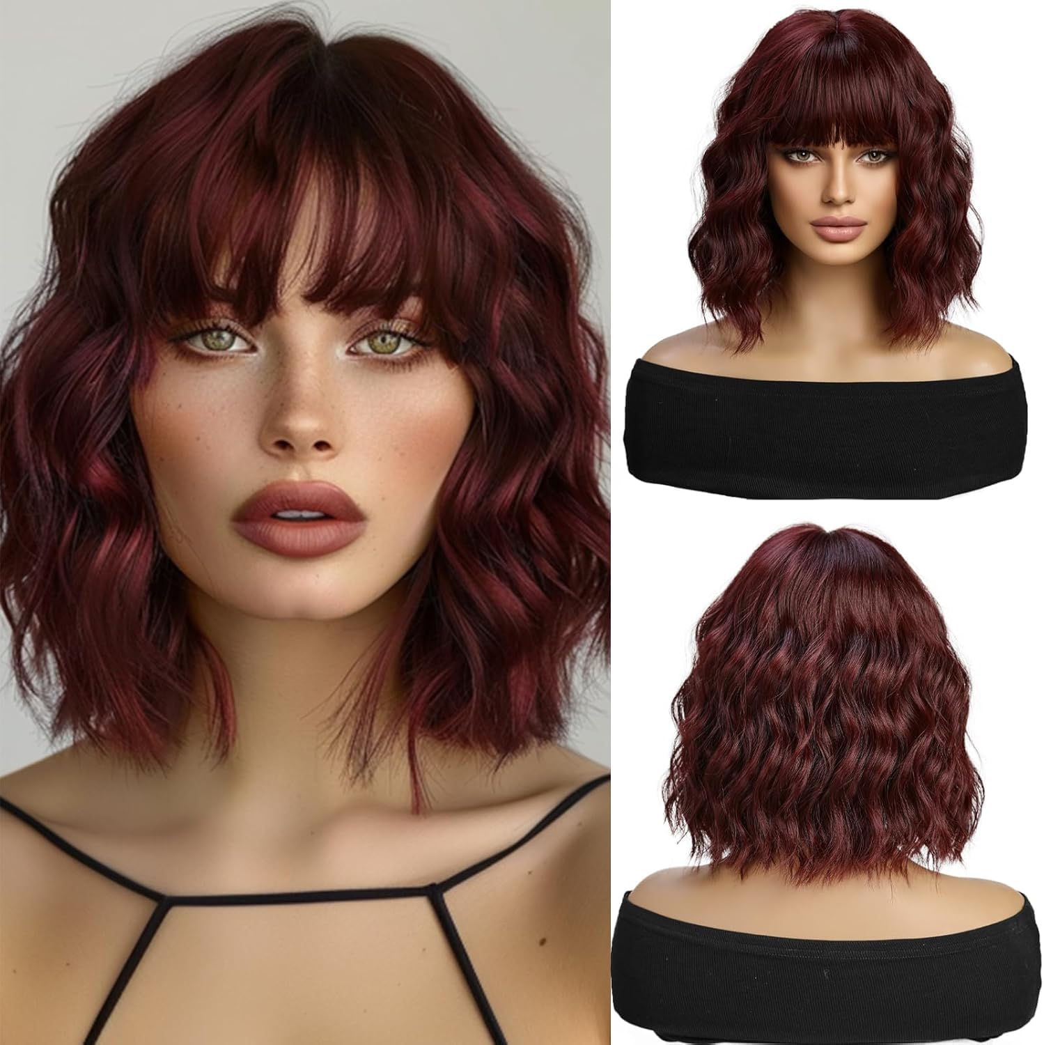 Esmee Short Wave Burgundy Bob Wigs With Fringe Shoulder Length Wine Red Wig Curly Wavy Synthetic Cosplay Wigs for Women — image 1