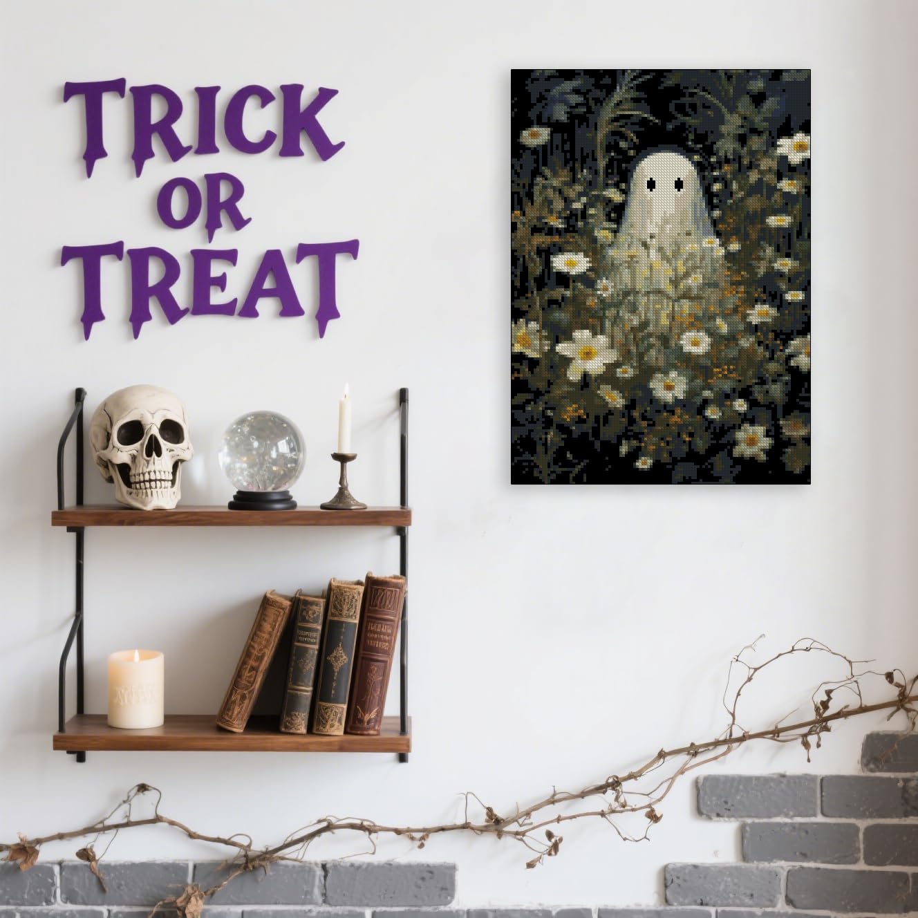 Ghost Stamped Cross Stitch Kits for Beginner, Halloween Needlepoint Counted Cross Stitch Embroidery Kits for Adults, 11CT Daisy Flowers Dimensions Counted Cross-Stitch Patterns Arts Craft Kits