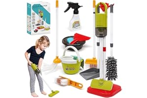 Dreamon Kids Cleaning Set, 14 Pcs Toddler Cleaning Toy Set Includes Real Working Vacuum Cleaner, Broom, Mop, Brush, Spray, Du