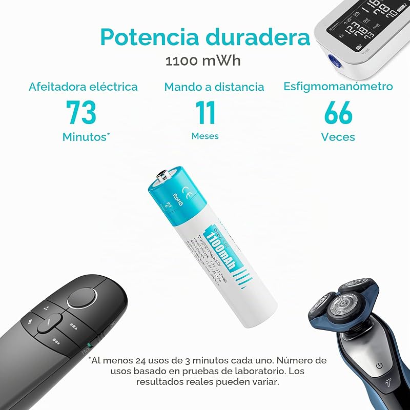 Pilas Recargables AAA Litio 1,5V - LCD Cargador de Pila AA AAA con 8 Unidades Baterias Lithium Capacidad Alta 1100mWh - Ultra Rápido 2H - Duración 10 Años,1300 Ciclos para Juguetes, Afeitadoras — foto 2 de 7