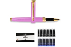 Dryden Designs Fine Nib Fountain Pen - Includes 24 Ink Cartridges - 12 Black and 12 Blue - Pink - Smooth Elegant Writing with Fine Nib and Ink Converters