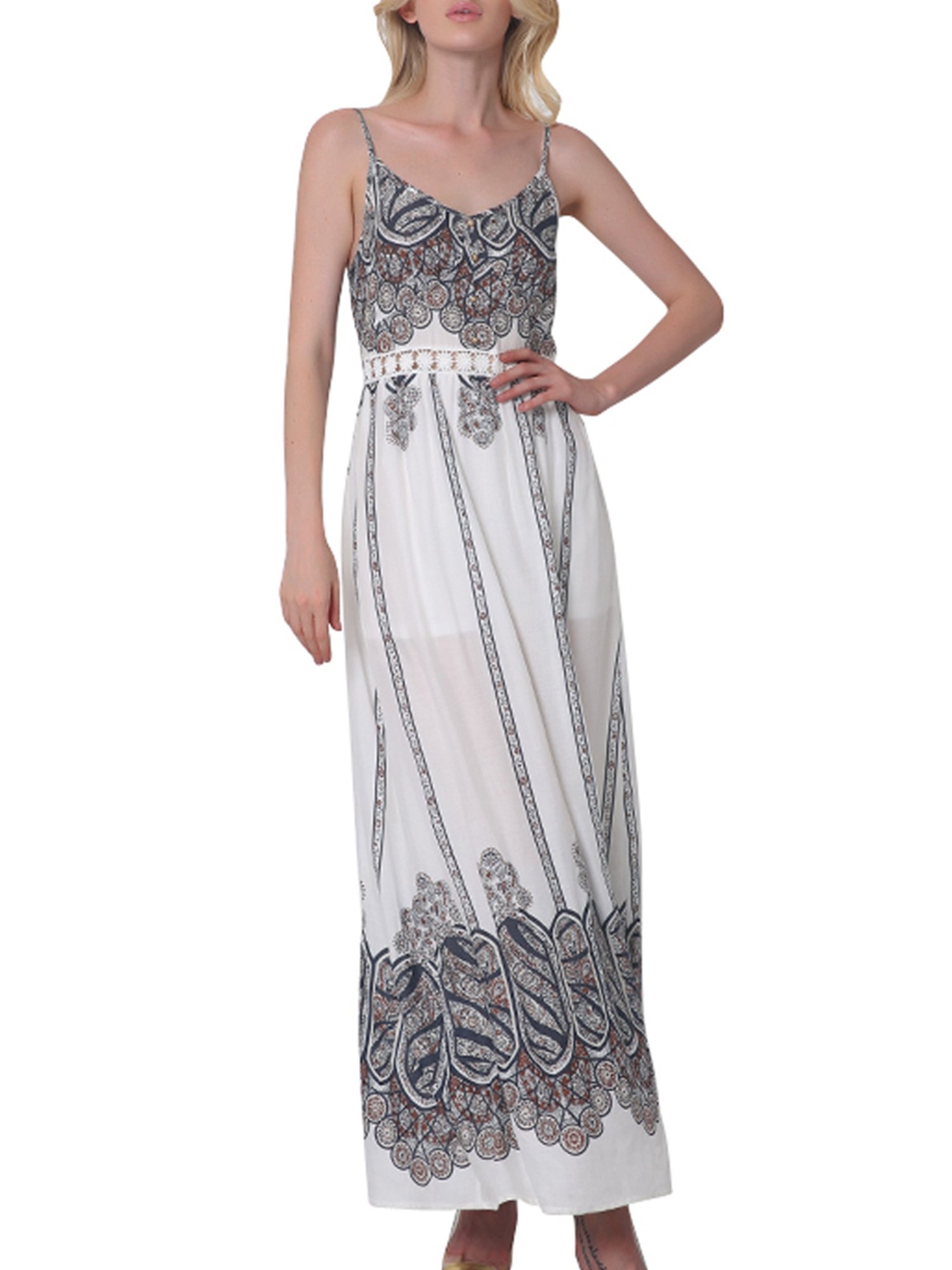 CHIC DIARY Women's Fashion Spaghetti Strap Printed Floral Split Summer Beach Maxi Dress (XXL, Khaki)