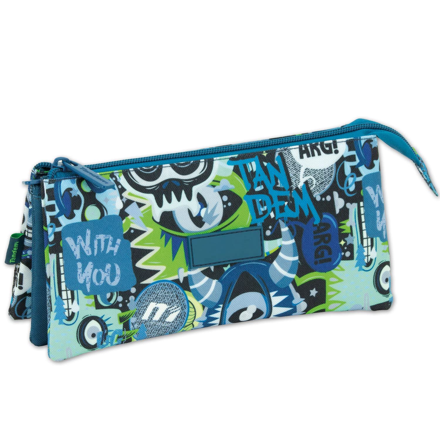 OFITURIA School Pencil Case with 3 Pockets for Organising and Classifying All School Supplies, School Pencil Case with Main and Inner Zip, Spades, 23x11x5, Luggage Strap