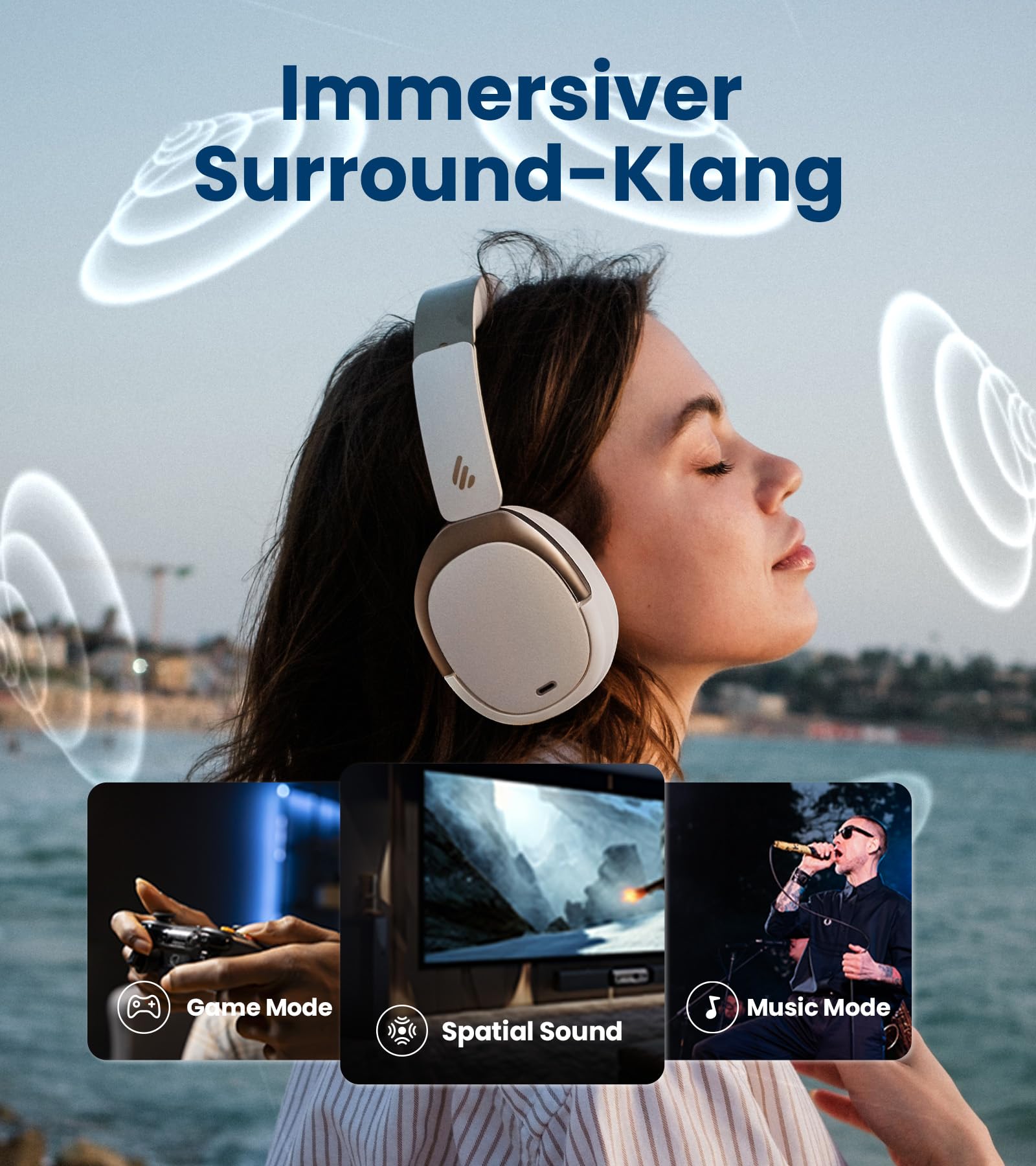 Edifier WH950NB (2026) Faltbarer Over-Ear Kopfhörer mit Hybrid Active Noise Cancelling. LDAC Codec mit Hi-Res Audio und Custom EQ über App. Bis zu 80 Std. Akkulaufzeit. Bluetooth V5.4 (Weiß) 4