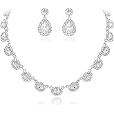Crysdue Bridal Wedding Jewelry for Women Oval Teardrop Rhinestone Crystal Collar Necklace Pierced Dangle Earrings Set for Prom Party