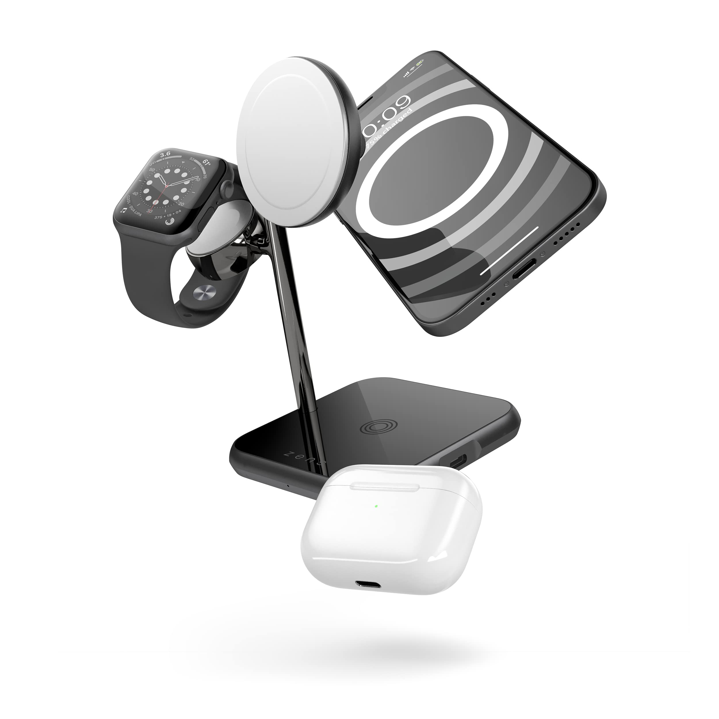 Zens 4-in-1 MagSafe + Watch Wireless Charger - 15W MagSafe for iPhone 12 & Up, Apple Watch Charger, 18W USB-C, AirPods Qi Pad, Includes 45W Adapter - Black