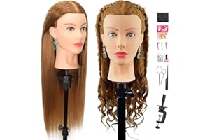 Firstwon Mannequin Head Human Hair- Cosmetology Manikin Doll Head with 80% Real Hair for Hairdresser Practice Styling BraidingTraining Heads & Free Clamp Holder (Color #27）