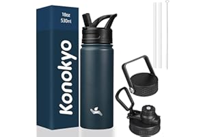 Konokyo Insulated Water Bottle with Straw,18oz 3 Lids Metal Bottles Stainless Steel Water Flask,Navy Blue
